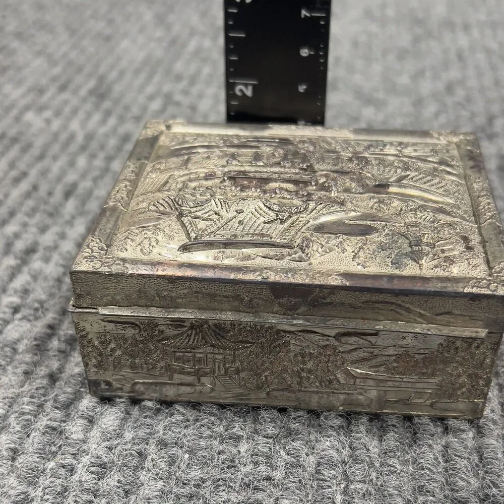 Vintage Trinket Vanity Box Wooden Lined Inside Silvertone Detailed 4x3 Japan‎